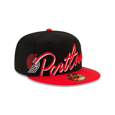 Black Portland Trail Blazers Hat - New Era NBA Cursive 59FIFTY Fitted Caps USA1749326